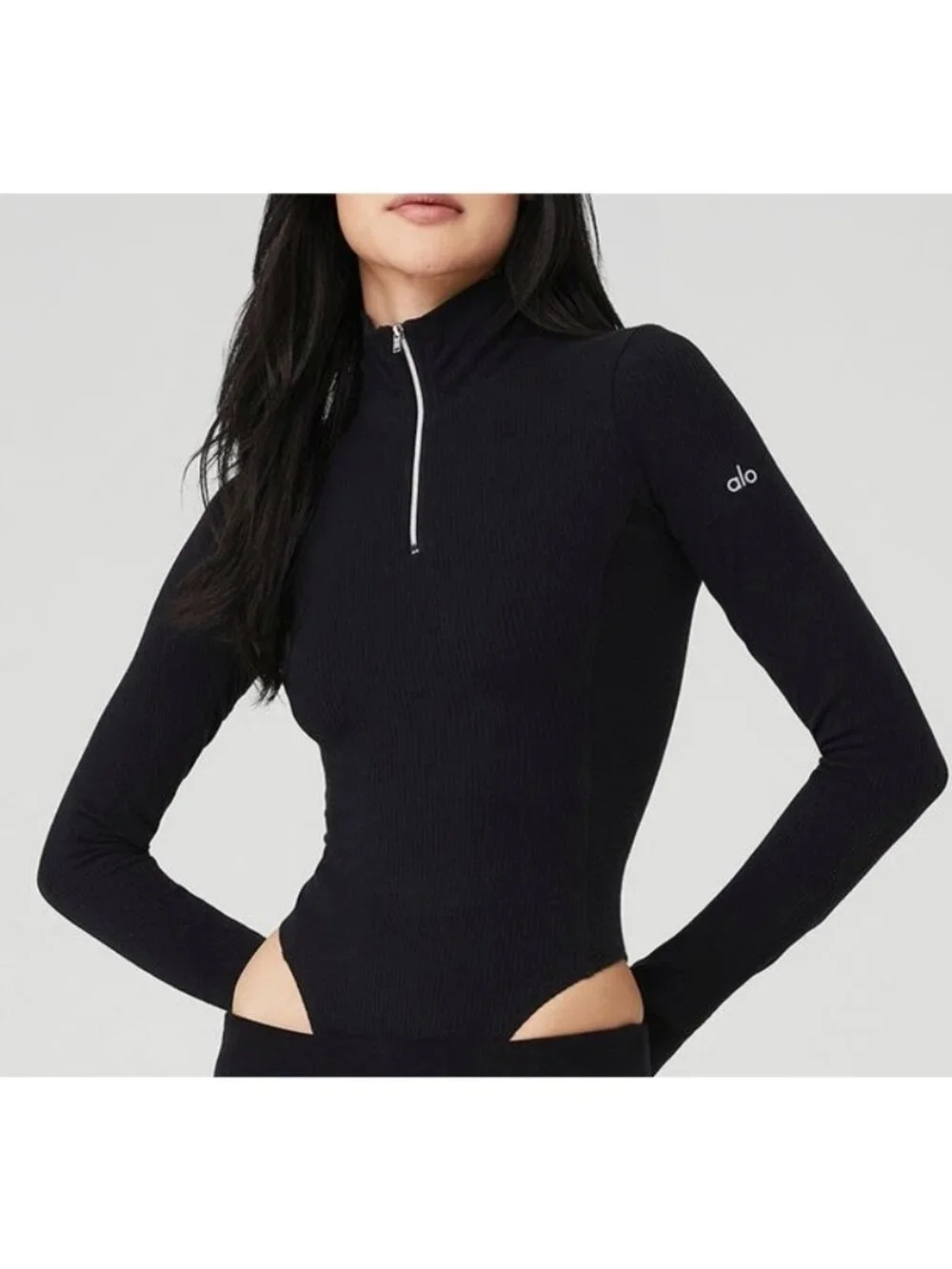 Alo Rise Up Long Sleeve Bodysuit Black Mock Neck Zip-Up Turtleneck Stretchy Rib
